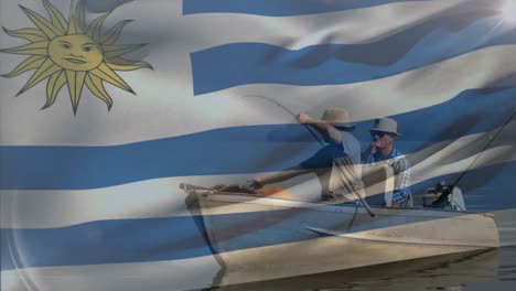 Animation-of-flag-of-uruguay-waving-over-surgeons-in-operating-theatre