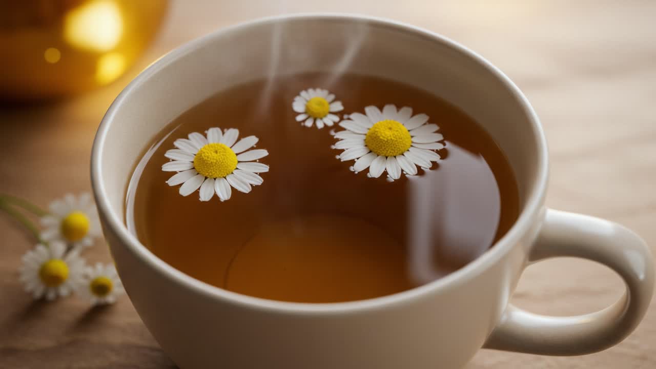 A Cozy Cup of Herbal Tea with Floating Daisies, Evoking Calmness and Serenity Amidst a Warm Setting, Beautifully Steaming in a Delightful Scene