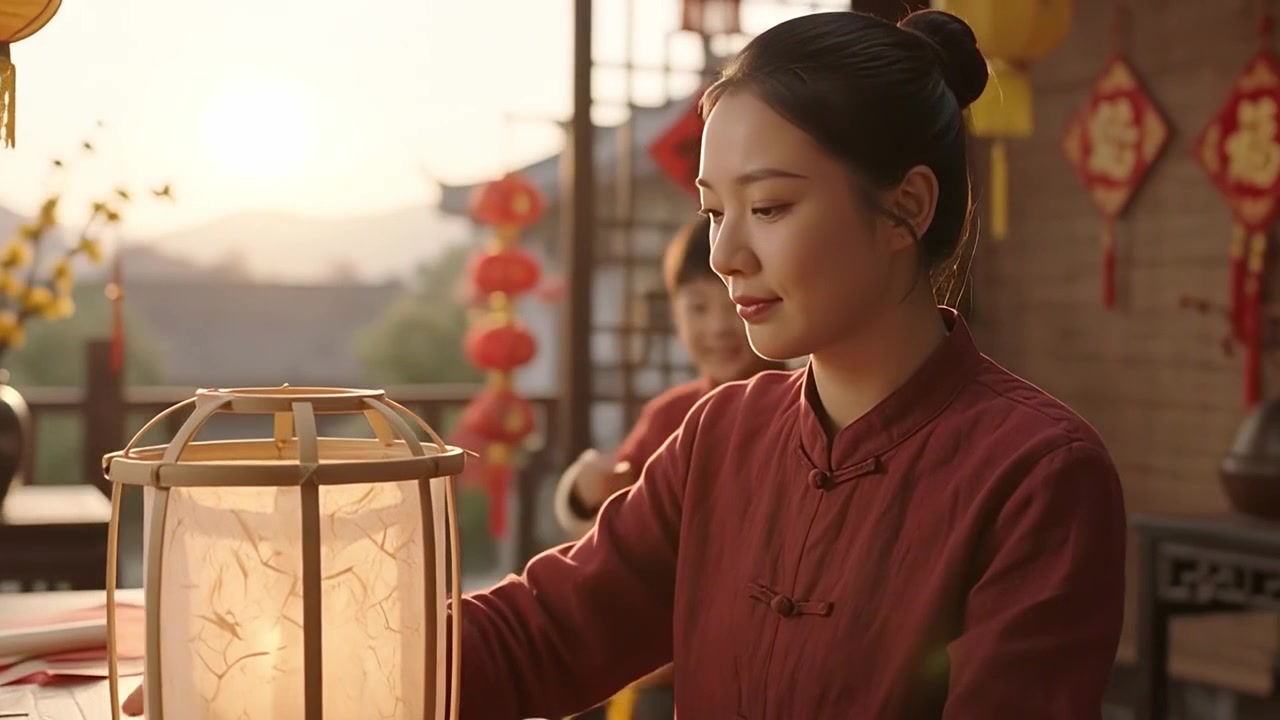 Jovem mulher e criança fazendo lanternas chinesas tradicionais para o Ano Novo Lunar