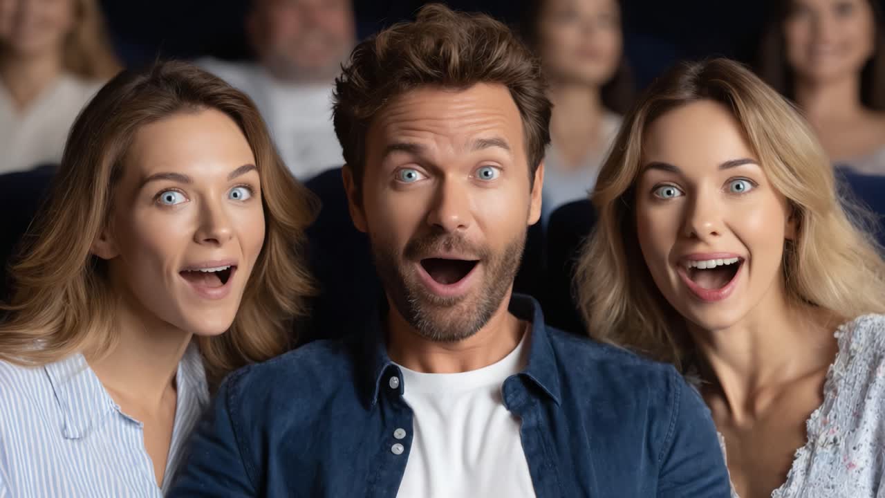Excited Audience Reactions Captured in Two Frames: Thrilling Moments of Surprise and Delight Showcasing Joyful Expressions in a Cinematic Setting