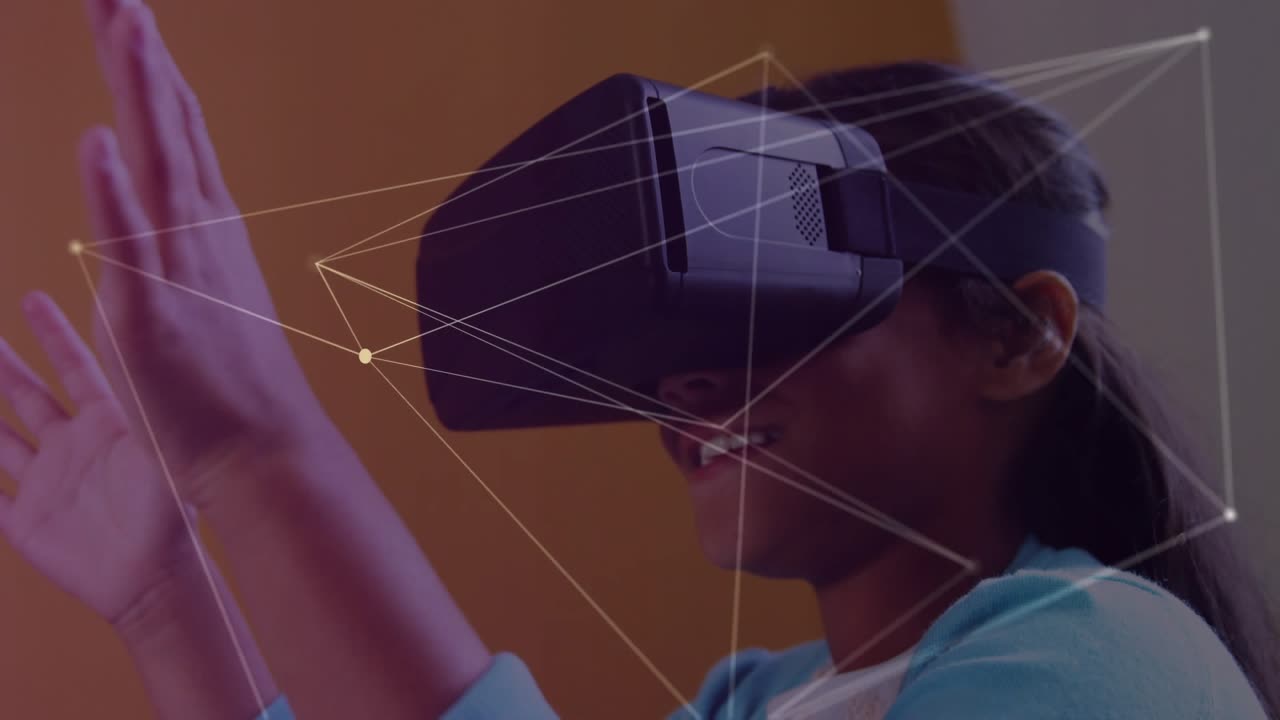 Child wearing VR headset raising hands for exploring space while tech graphics responding to inputs