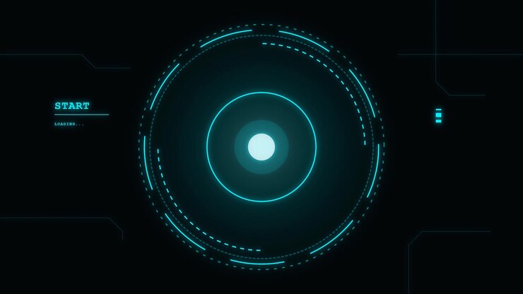 Schermata di caricamento con interfaccia digitale futuristica e HUD circolare ciano luminoso
