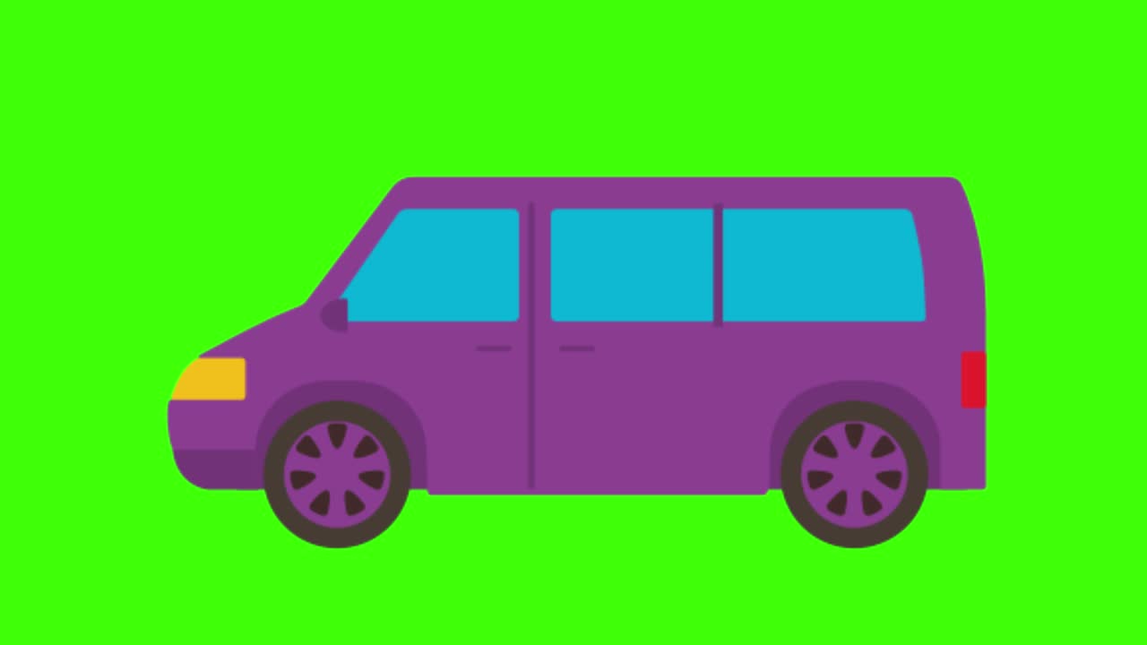 Animazione semplice e colorata di un minivan viola isolato su schermo verde in 4K