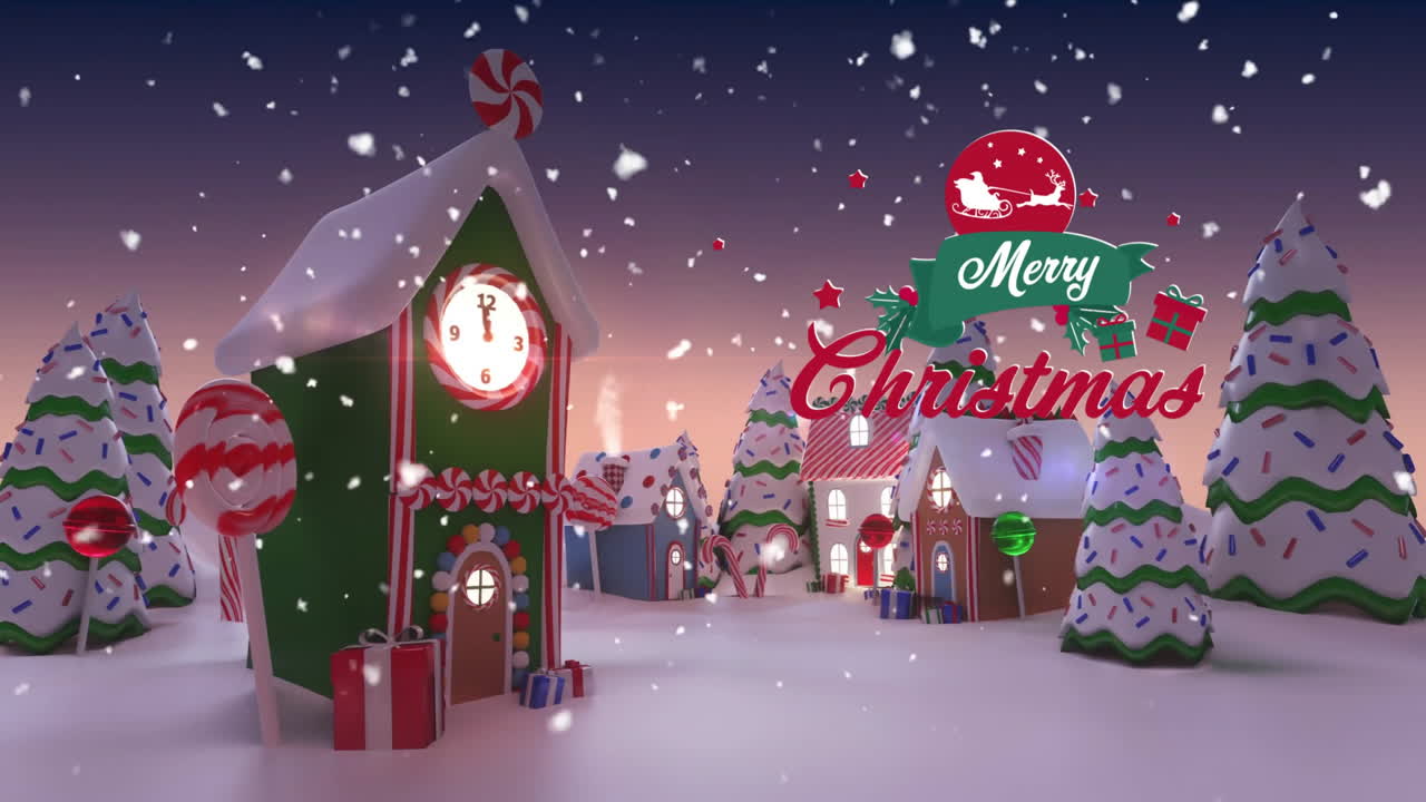 Animation of snow falling over Christmas village with decorated houses and trees