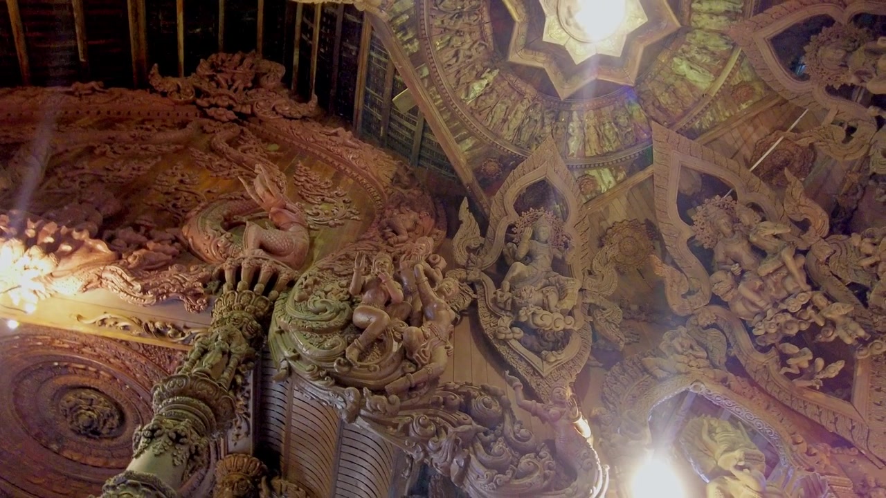 ceiling decorations at the Sanctuary of Truth Museum . largest wooden castle temple.