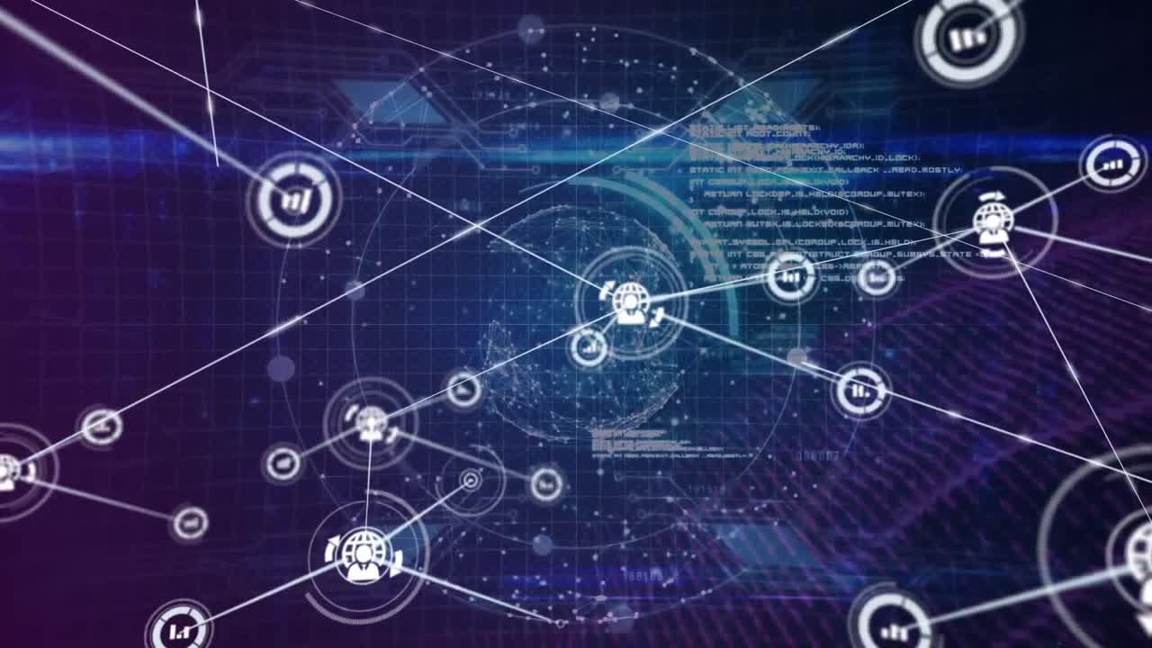 animación de iconos conectados, puntos que forman globos y lenguaje informático contra un fondo abstracto.