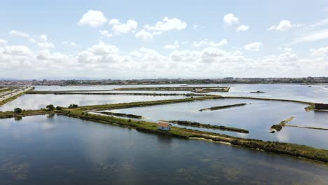 Vista-Aérea-De-Una-Pequeña-Casa-En-Medio-De-Algunos-Canales-De-Río