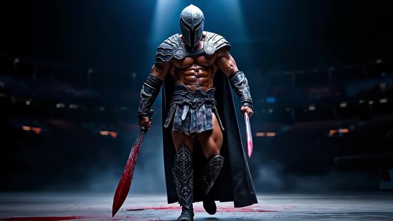 A man in armor holding a sword in a dark room