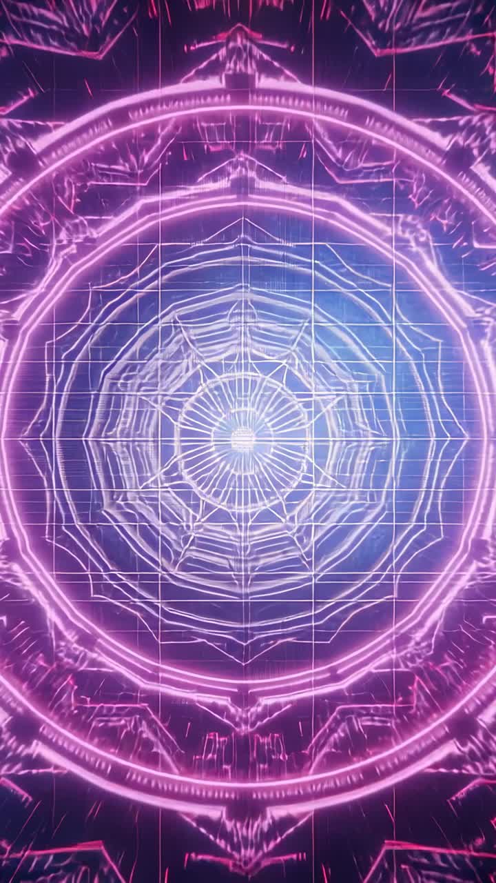 Vertical video: Fractal mandala expanding in grid after neon outline projection, with rain effect