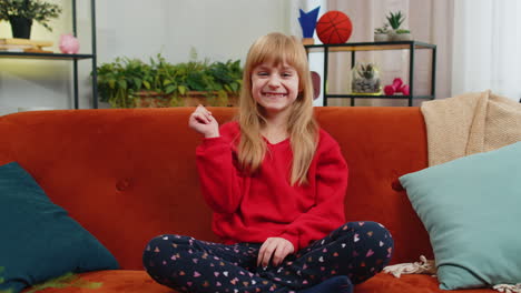 thoughtful inspired child girl kid make eureka gesture raises finger came up with creative plan