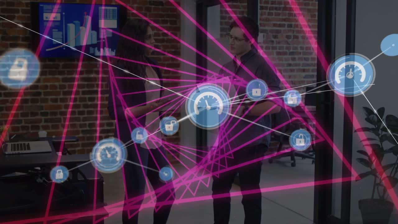 Animation of network of connections with icons over diverse business people talking