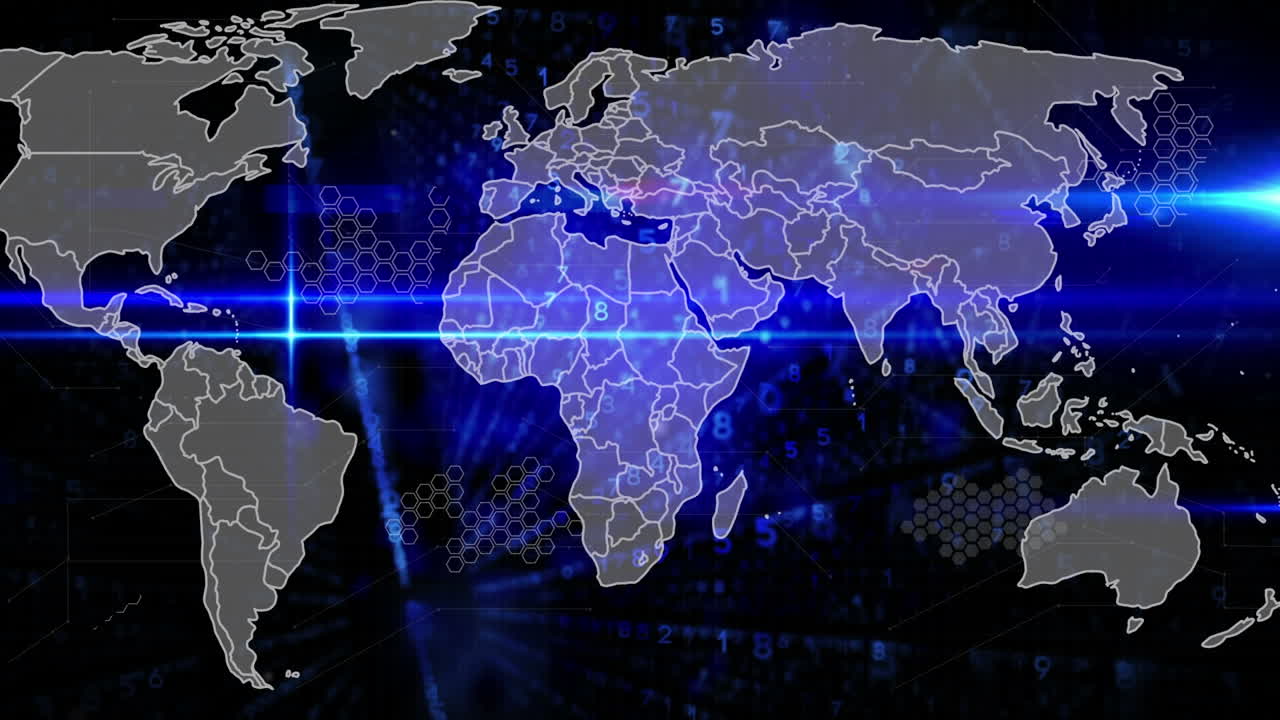 검은 바탕에 있는 세계 지도 위의 데이터 처리 애니메이션