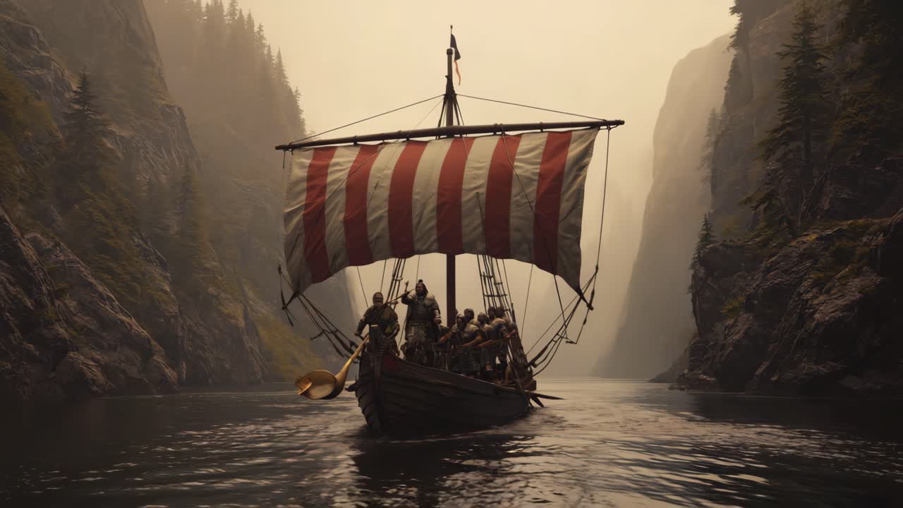 Vikings sailing through a foggy river valley