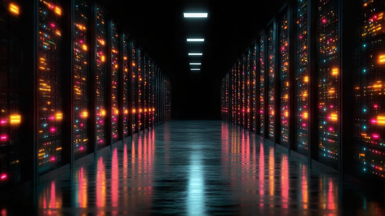 En fascinerende udsigt over en moderne datacentralkorridor, der viser oplyste serverracks, levende LED-lys, der reflekteres fra et poleret gulv, hvilket skaber en højteknologisk atmosfære.