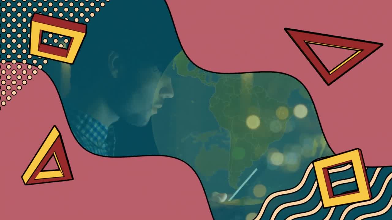 animación de globos y formas retro sobre hombre de negocios usando tableta