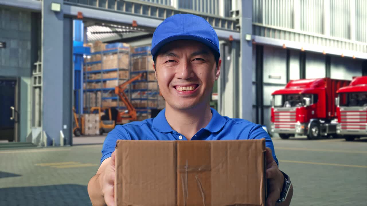 Close Up Of Asian male Courier In Blue Uniform Showing A Carton To Camera And Smiling While Delivering It, Outside of Logistics Distributions Warehouse