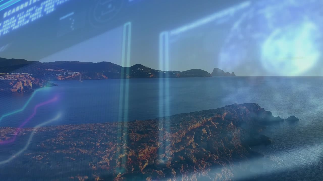 Opening coastal cliff overlaying UI scrolling code flickering bars pulsing orb for visualization
