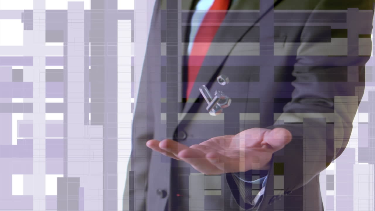 현대 도시 풍경 위에서 견과류와 볼트를 던지고 잡는 사업가의 애니메이션