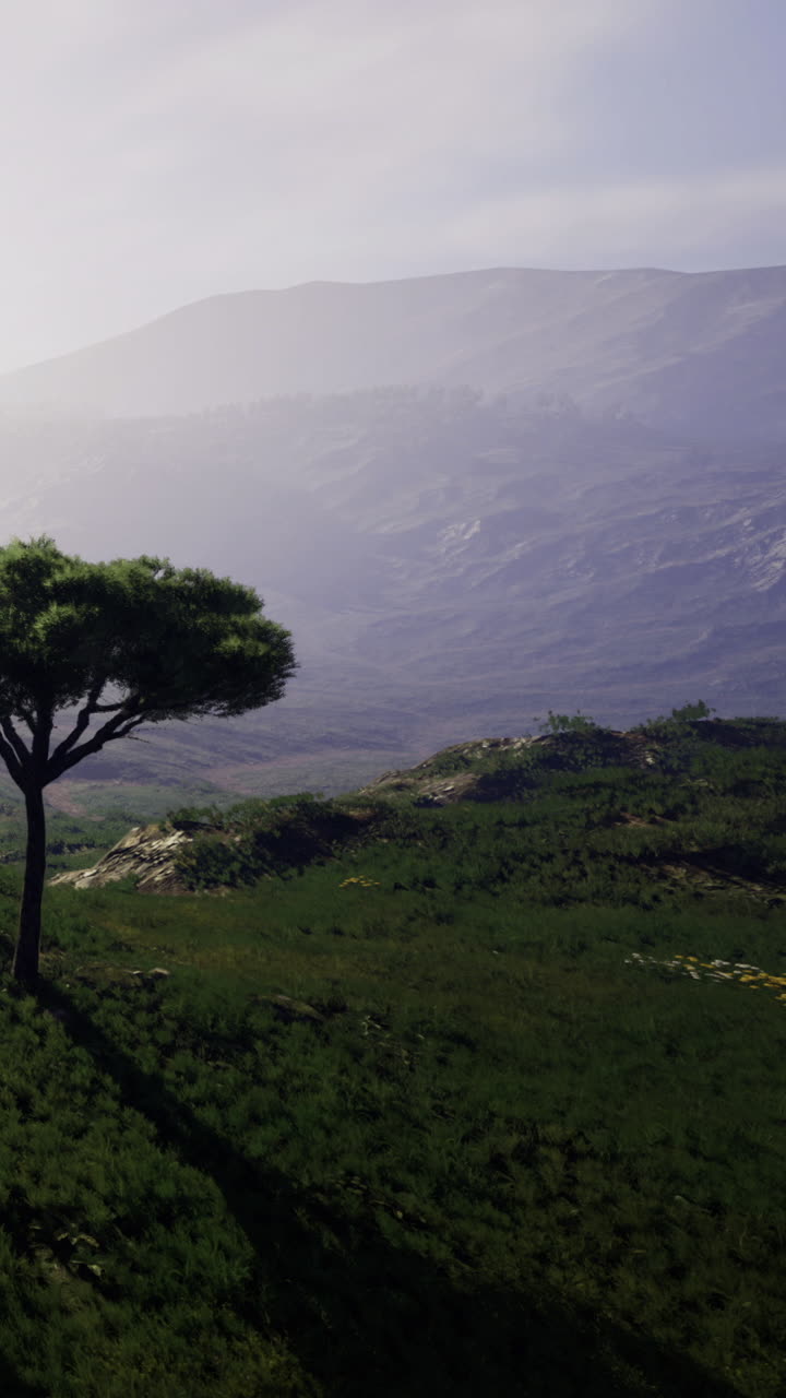 Diverse sfumature di verde con un grande albero e colline sullo sfondo.