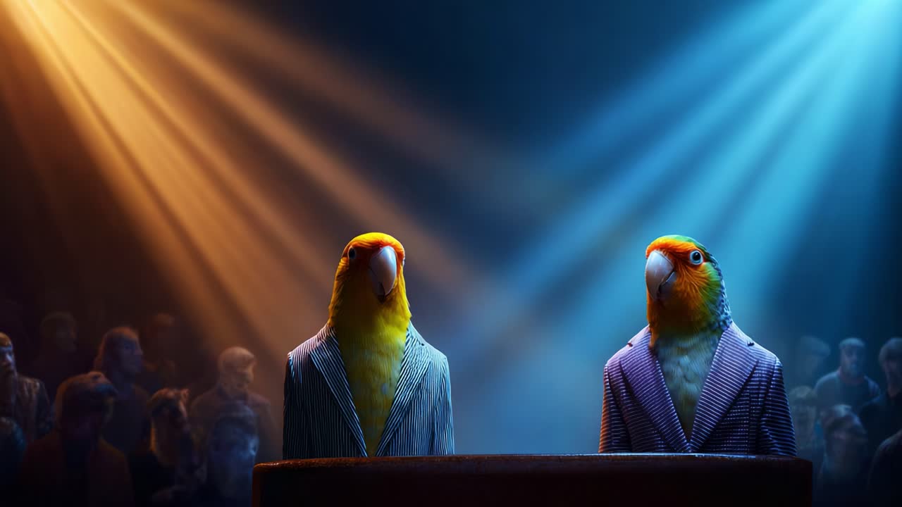 Two Colorful Parrots in Suits Engage in a Charismatic Debate Under Dramatic Stage Lighting, Captivating an Enthralled Audience with Their Unique Presentations and Expressions