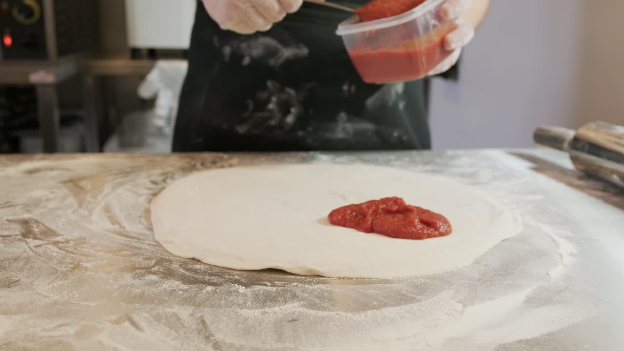 Cuoco che stende la salsa di pomodoro sull'impasto della pizza con un mestolo di metallo in una pizzeria