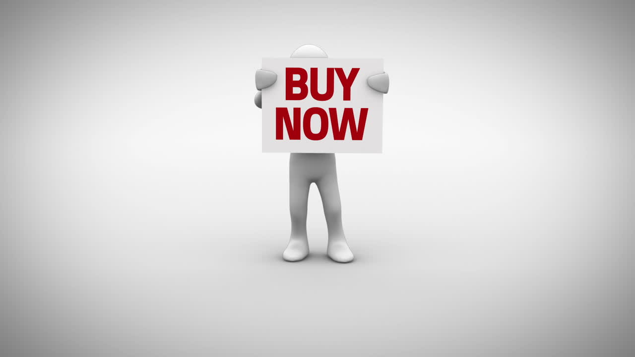 White character holding sign saying buy now