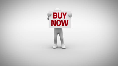 white character holding sign saying buy now