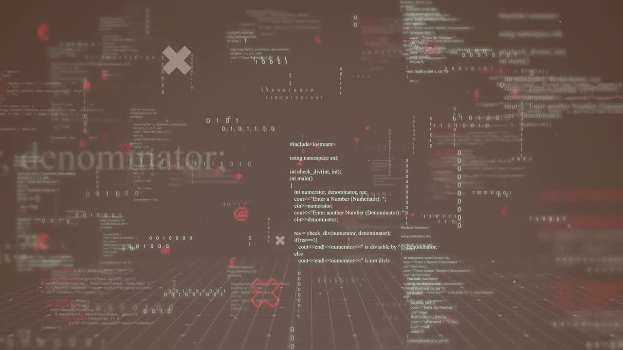 Animation of data processing and binary coding against grey background