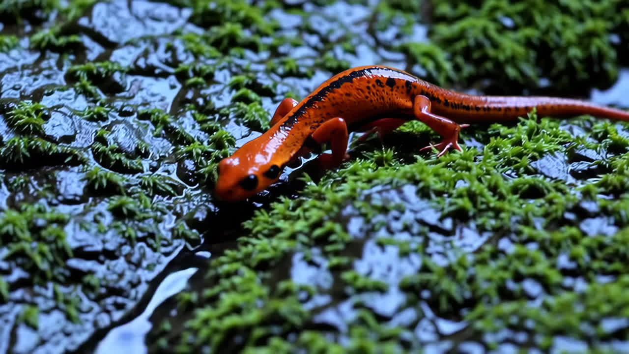 Lagarto naranja sobre rocas cubiertas de musgo