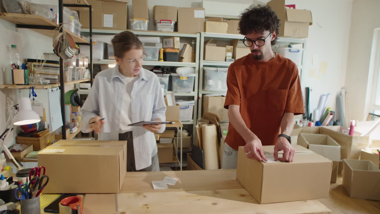 Coworkers Packing Orders and Using Tablet in Delivery Service Office