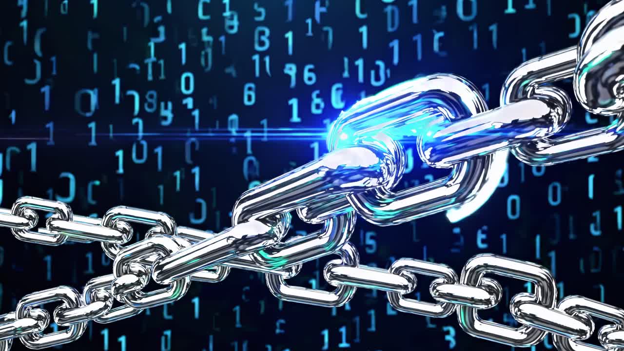 Futuristic video concept with a close-up angle of metallic chains against a digital binary code