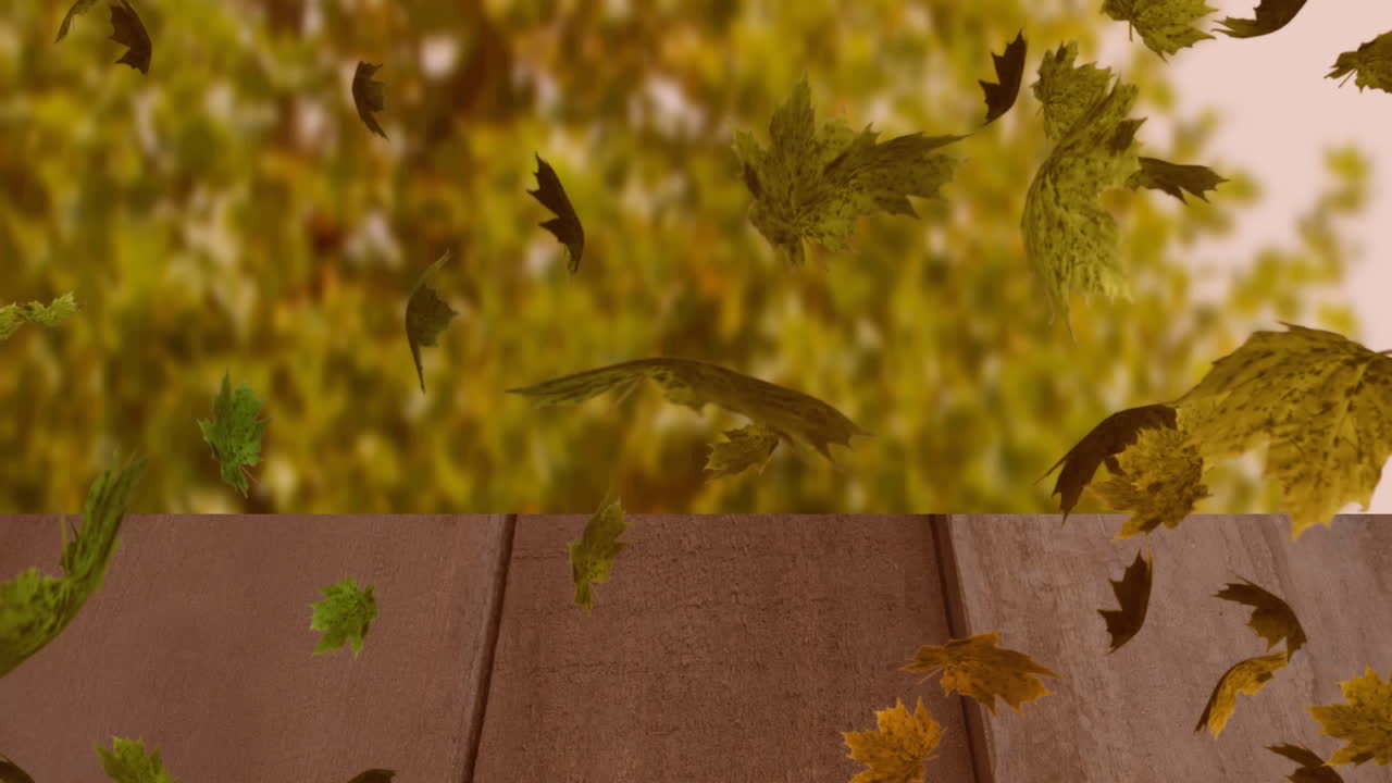 animación digital de múltiples hojas de otoño flotando sobre la superficie de madera contra el bosque