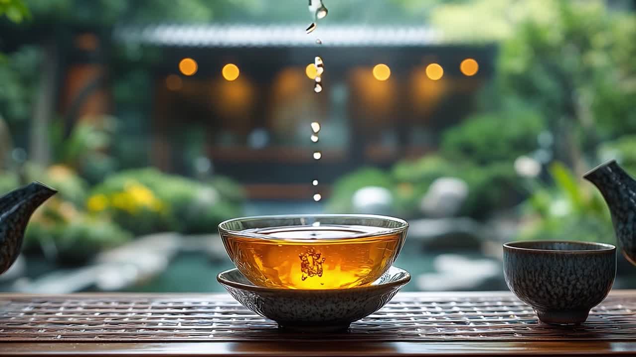 A serene tea ceremony in a zen garden