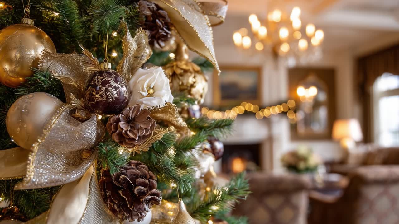 Elegant Christmas Tree Decoration with Gold and White Accents, Set Against a Cozy Living Room Backdrop Featuring Soft Lighting and Holiday Cheer