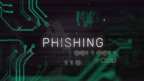 animação de texto de phishing sobre placa-mãe, globo e processamento de dados em preto