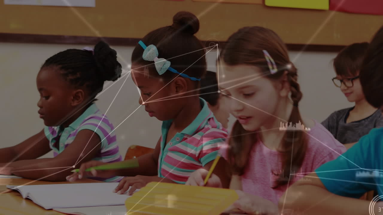 Rete di connessioni su sfondo di gruppo eterogeneo di studenti che studiano in classe a scuola