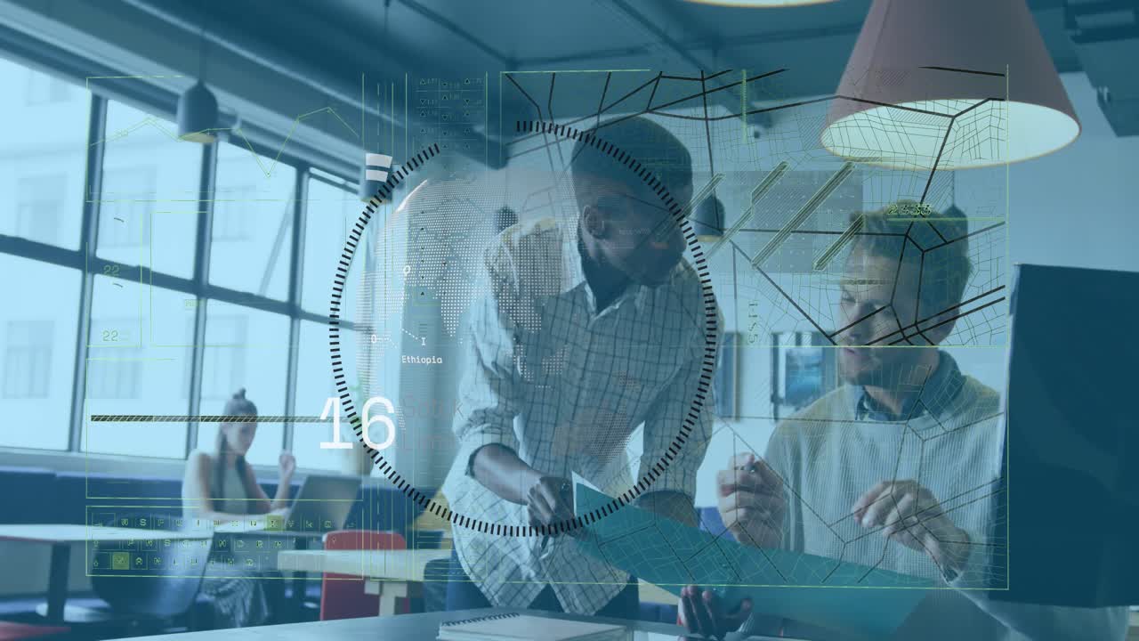 HUD overlays appearing standing man leaning over pointing, seated man noting guiding office review