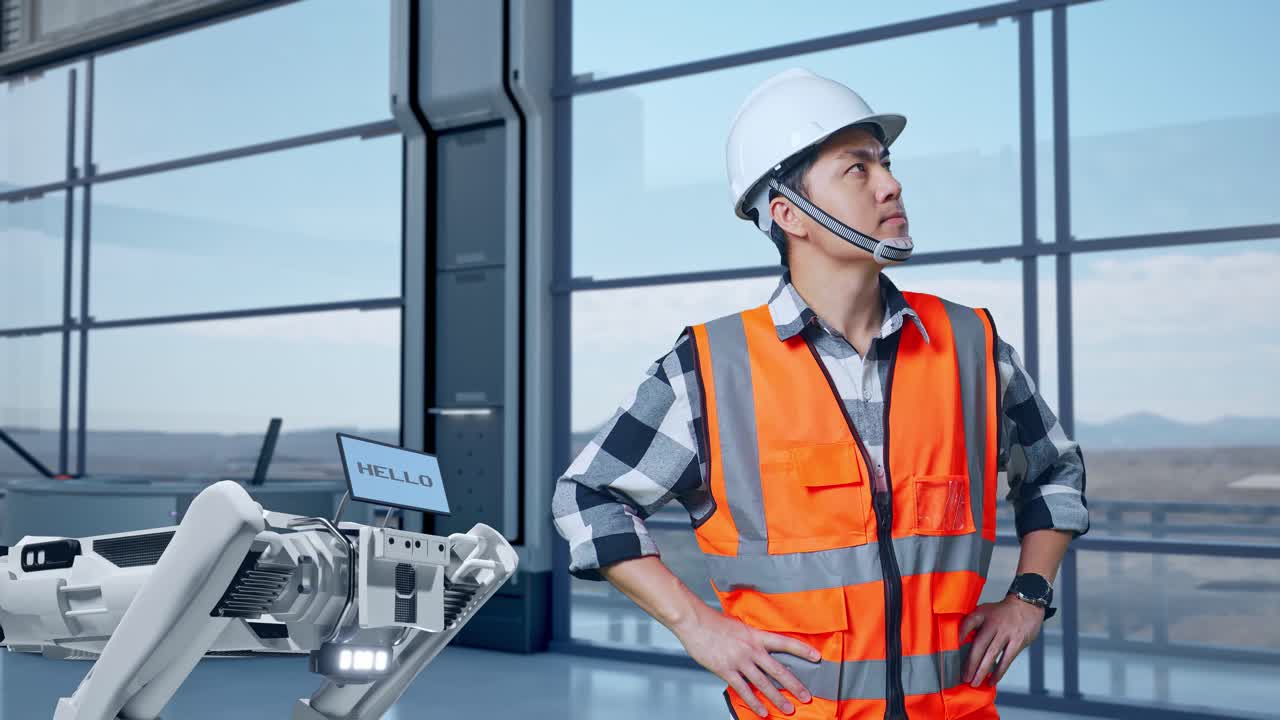 ingeniero asiático con casco de seguridad en una fábrica de alta tecnología, analizando el concepto de la máquina robótica. de pie con los brazos akimbo mirando a su alrededor, comprobando