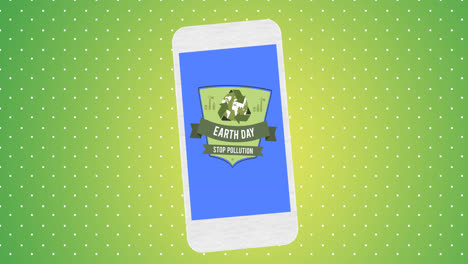 Animation-of-earth-day-text-and-global-recycling-logo-over-smartphone-screen-on-green