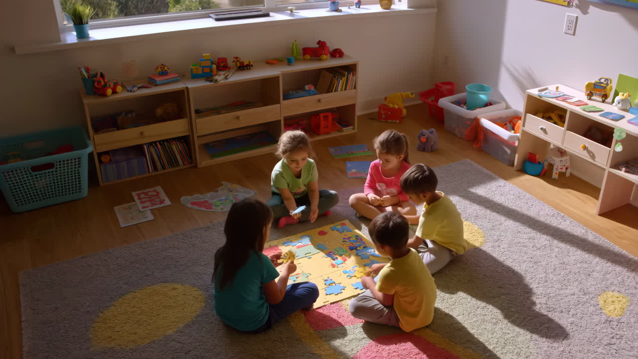 Children playing with a puzzle on the floor in a sunlit classroom