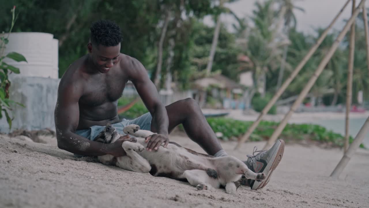 Uomo sorridente che accarezza la pancia del suo cane su una spiaggia tropicale