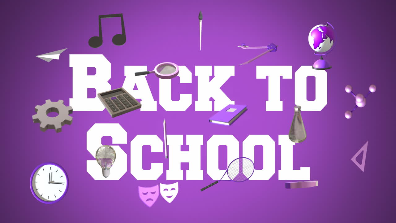 보라색 배경에 학교로 돌아가는 텍스트와 함께 교육 아이콘의 애니메이션