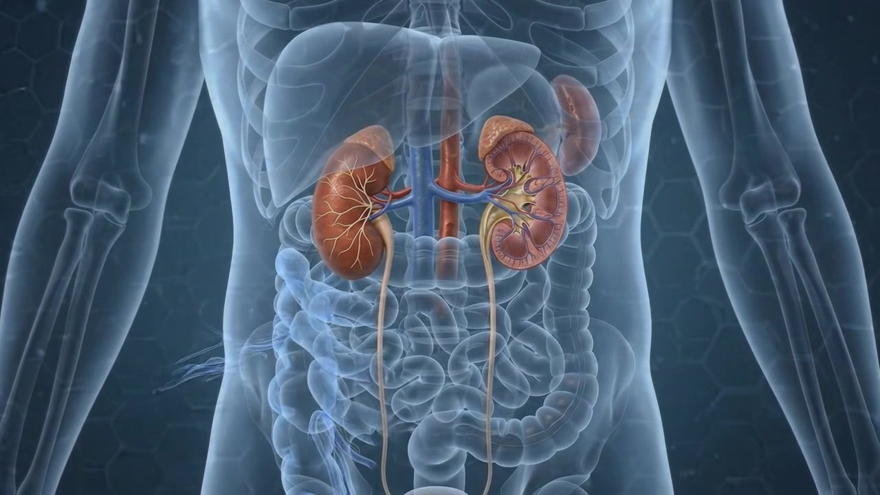 Human kidney anatomy close up with connecting blood vessels