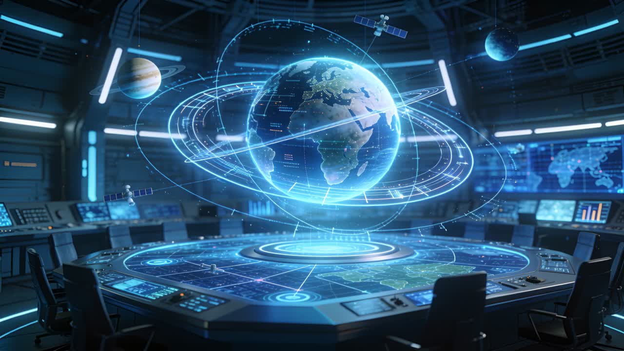 Activating systems rotating hologram globe above ops table at control room, for tracking satellites
