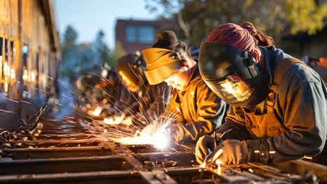 welder using a torch to cut metal at a workshop during golden hour