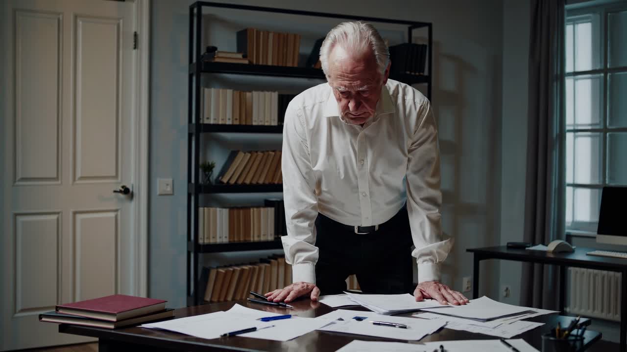 Professional businessman analyzing paperwork, sitting tensely near bookshelf, displaying intense concentration while managing urgent corporate project under dim office lighting