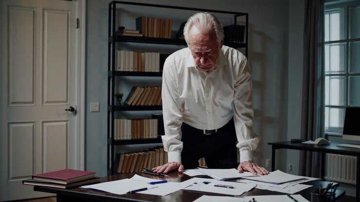Professional businessman analyzing paperwork, sitting tensely near bookshelf, displaying intense concentration while managing urgent corporate project under dim office lighting