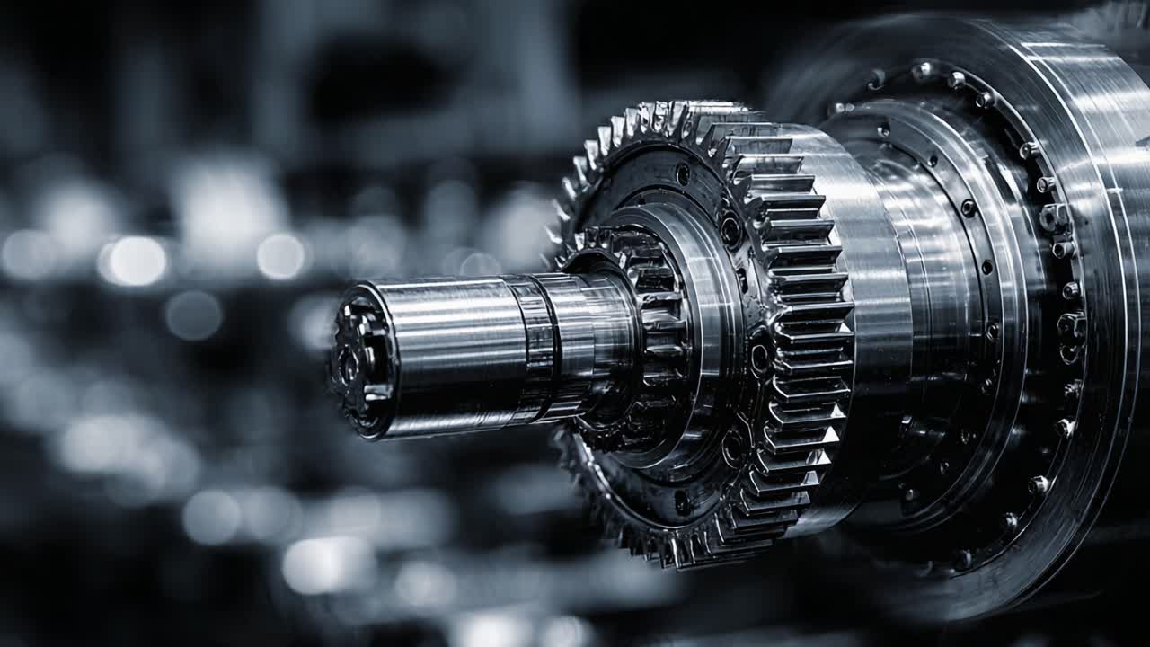 Detailed Close-Up of a Mechanical Gear System Showcasing Precision Engineering and Intricate Components in a Dark Industrial Environment