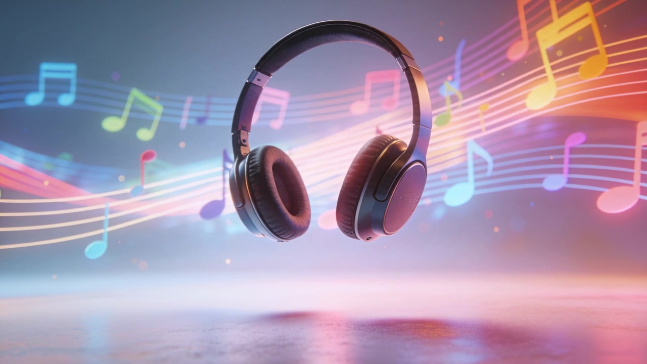 Headphone over-ear melayang miring di atas lantai mengkilap di studio, menampilkan musik melalui not warna-warni.