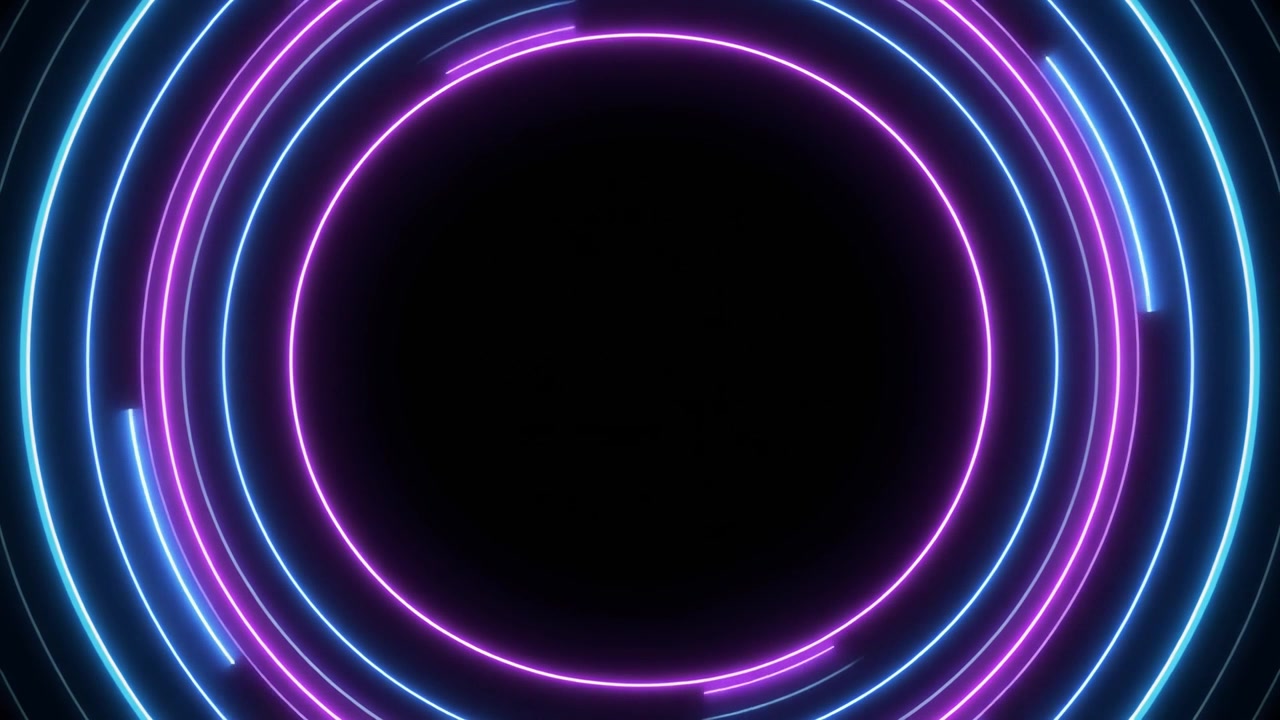 Cerchi astratti al neon luminosi che ruotano su sfondo nero